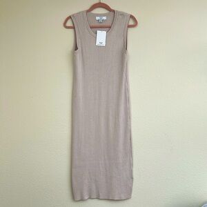Magaschoni - Light Taupe Ribbed Crew Sleeveless Midi Dress -  XL